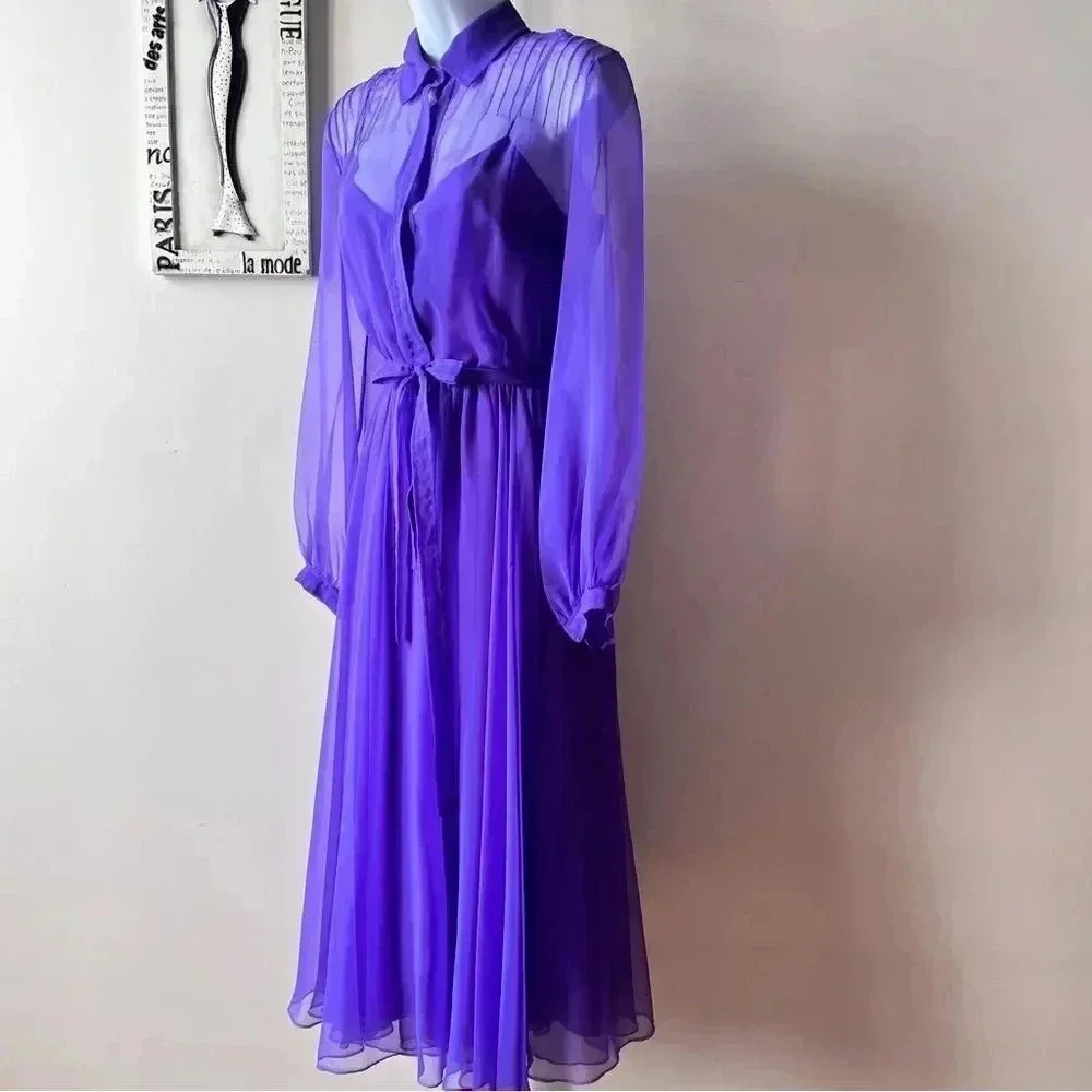 Vintage 60s Purple Chiffon Sheer Long Sleeve Pintuck Dress Size 12